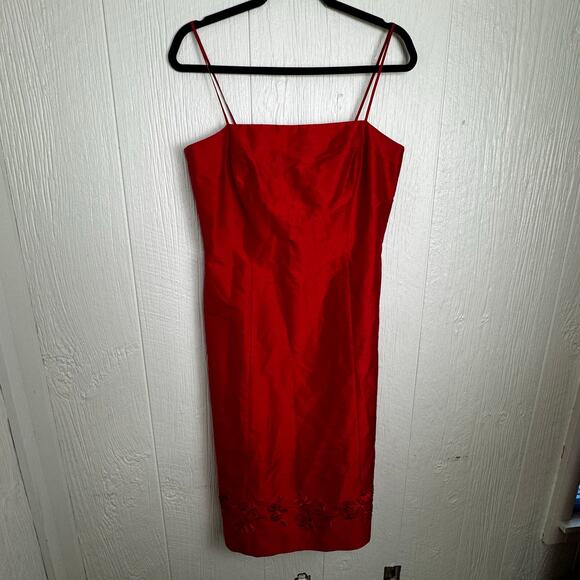 Ann Taylor Red 100% Silk Dress Size 8 Sleeveless Romantic Beaded 90s Midi Sheen - Picture 3 of 8